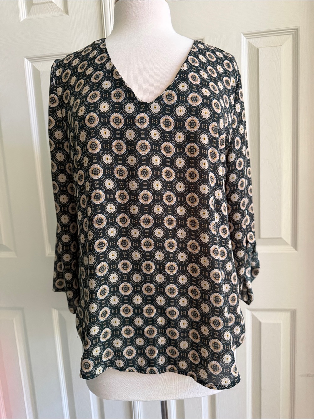 Alice Blue Black and Cream Medallion V-Neck Blouse